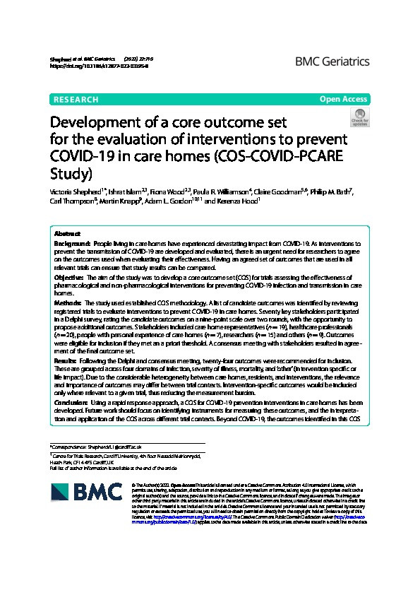 Development of a core outcome set for the evaluation of interventions to prevent COVID-19 in care homes (COS-COVID-PCARE Study) Thumbnail