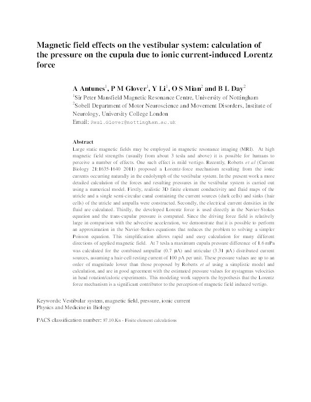 Magnetic field effects on the vestibular system: calculation of the pressure on the cupula due to ionic current-induced Lorentz force Thumbnail