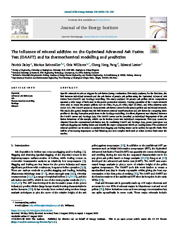 The influence of mineral addition on the Optimised Advanced Ash Fusion Test (OAAFT) and its thermochemical modelling and prediction Thumbnail