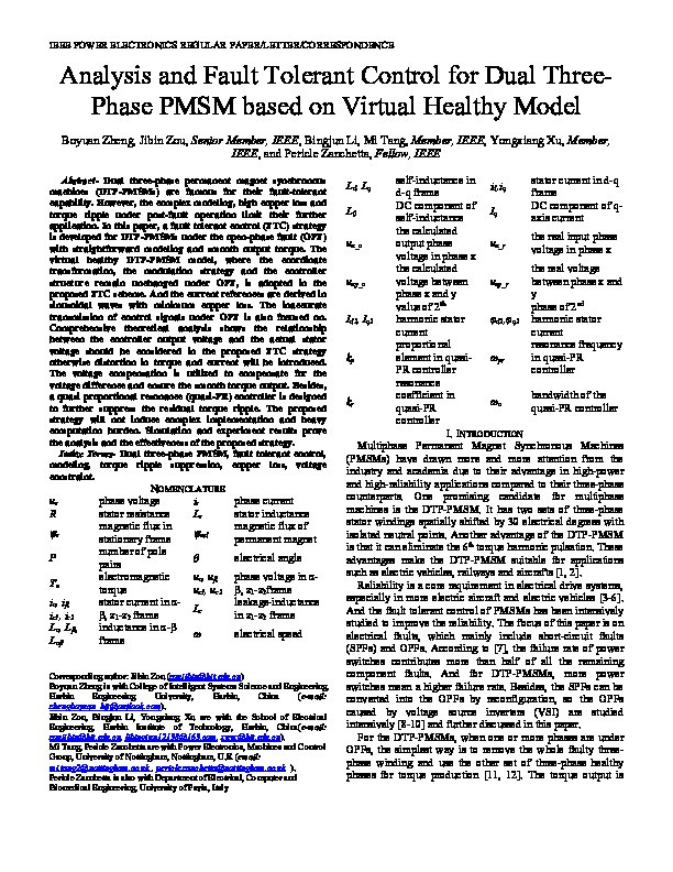 Analysis and Fault-Tolerant Control for Dual-Three-Phase PMSM Based on Virtual Healthy Model Thumbnail
