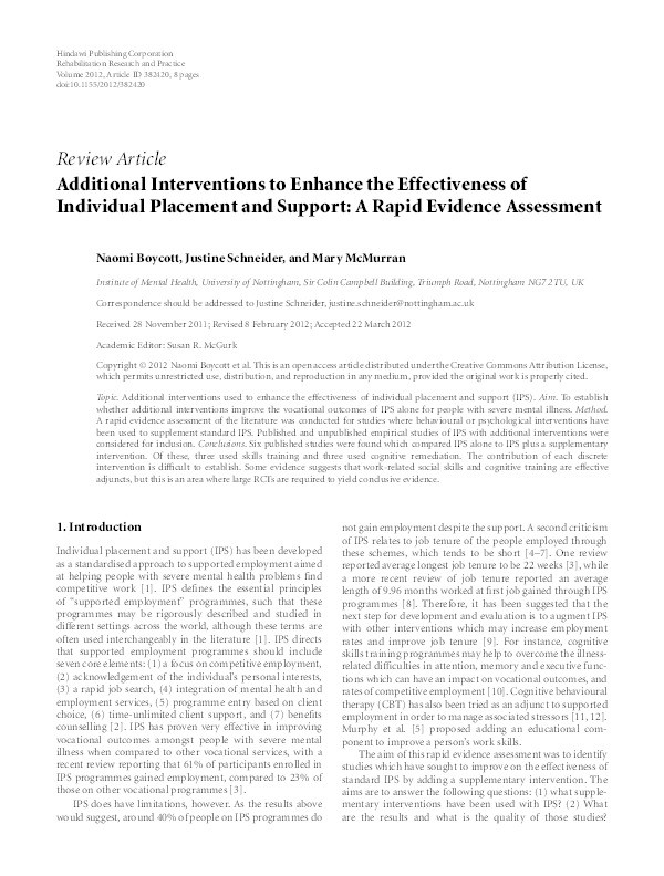 Additional interventions to enhance the effectiveness of individual placement and support: a rapid evidence assessment Thumbnail