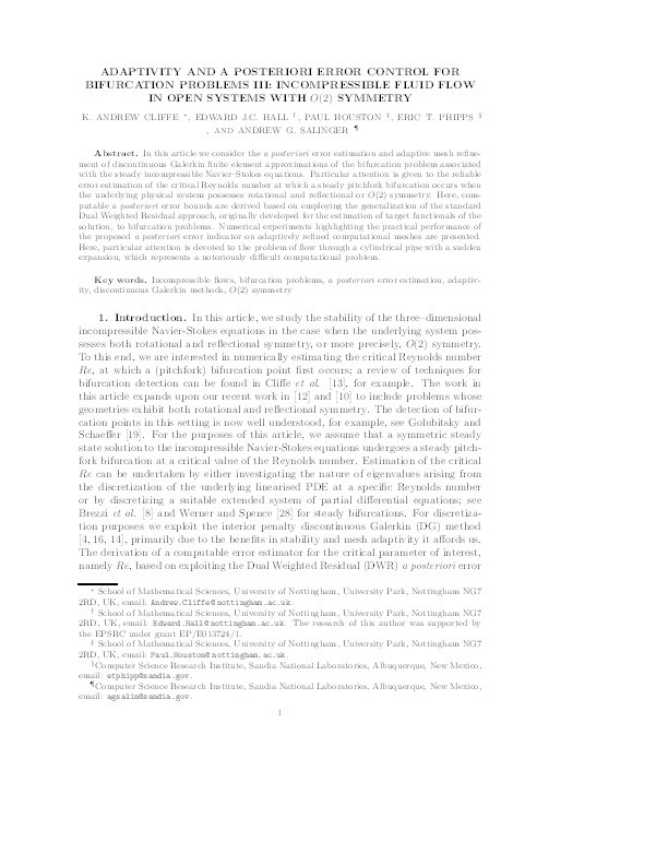 Adaptivity and a Posteriori Error Control for Bifurcation Problems III: Incompressible Fluid Flow in Open Systems with O(2) Symmetry Thumbnail