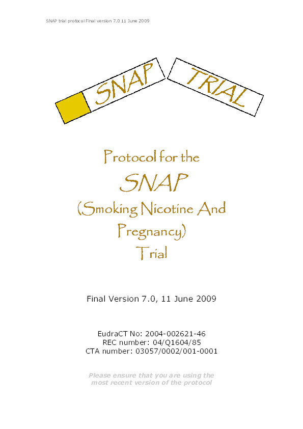 Final Protocol and Statistical Analysis Plan for the SNAP Trial - a randomised, double-blind, placebo-controlled trial of nicotine replacement therapy in pregnancy Thumbnail