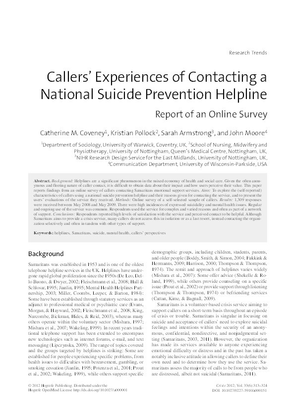 Callers' experiences of contacting a national suicide prevention helpline: report of an online survey Thumbnail