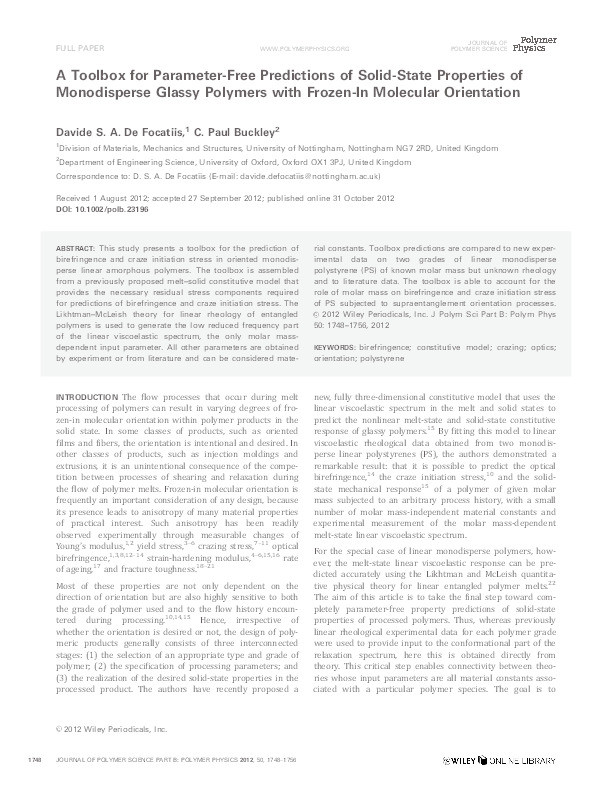 A toolbox for parameter-free predictions of solid-state properties of monodisperse glassy polymers with frozen-in molecular orientation Thumbnail