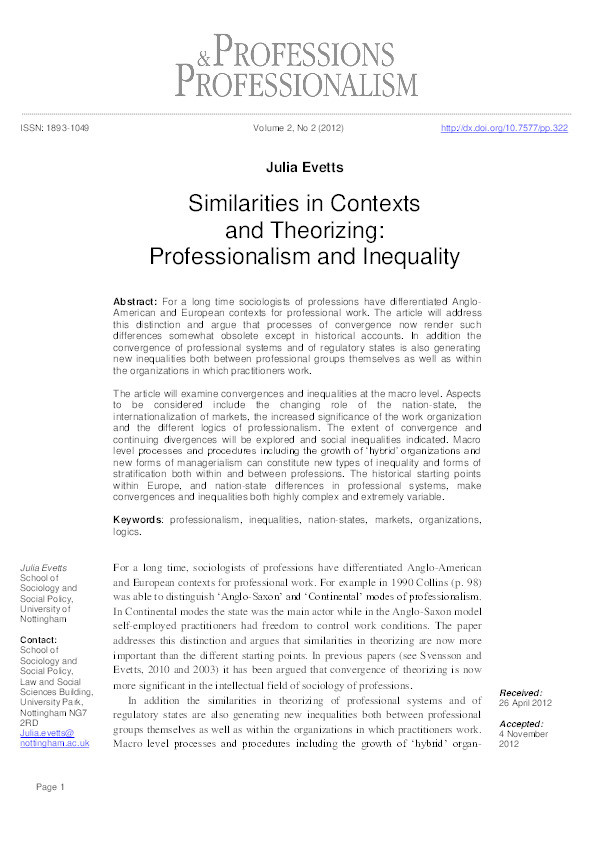 Similarities in contexts and theorizing: professionalism and inequality Thumbnail