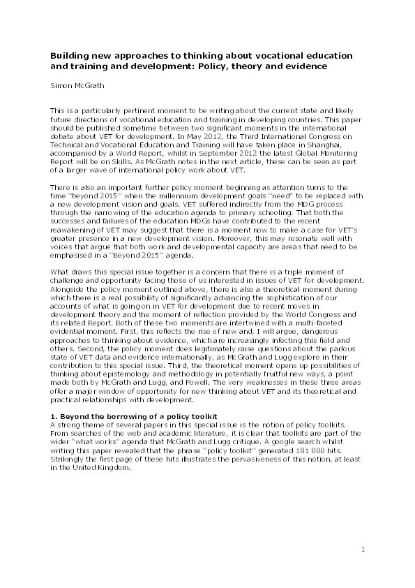 Building new approaches to thinking about vocational education and training and development: policy, theory and evidence Thumbnail