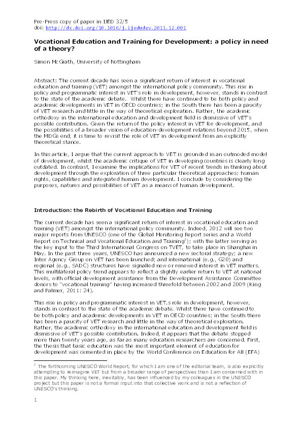 Vocational education and training for development: a policy in need of a theory? Thumbnail