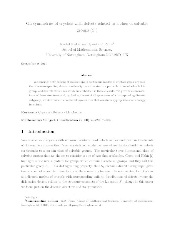 On symmetries of crystals with defects related to a class of solvable groups (S1) Thumbnail