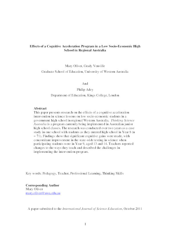 Effects of a Cognitive Acceleration Programme in a Low Socioeconomic High School in Regional Australia Thumbnail