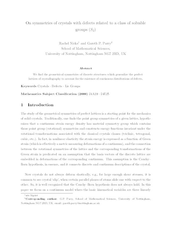 On symmetries of crystals with defects related to a class of solvable groups (S2) Thumbnail