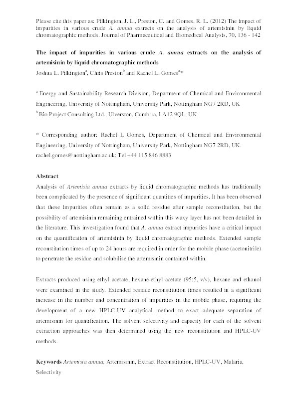 The impact of impurities in various crude A. annua extracts on the analysis of artemisinin by liquid chromatographic methods Thumbnail