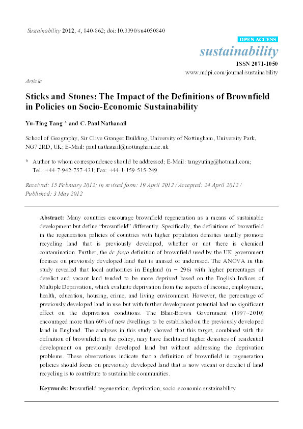 Sticks and Stones: The Impact of the Definitions of Brownfield in Policies on Socio-Economic Sustainability Thumbnail