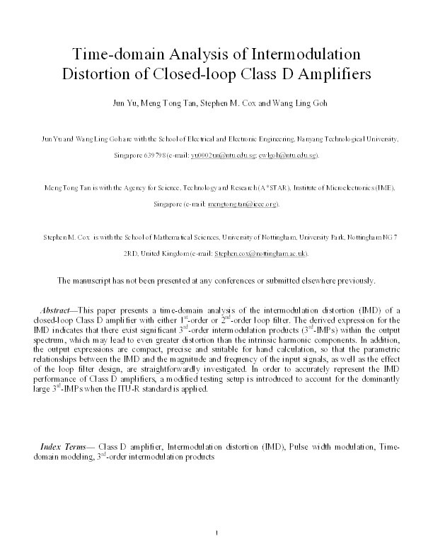 Time-domain analysis of intermodulation distortion of closed-loop Class D amplifiers Thumbnail