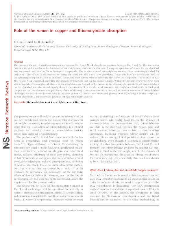 Role of the rumen in copper and thiomolybdate absorption Thumbnail