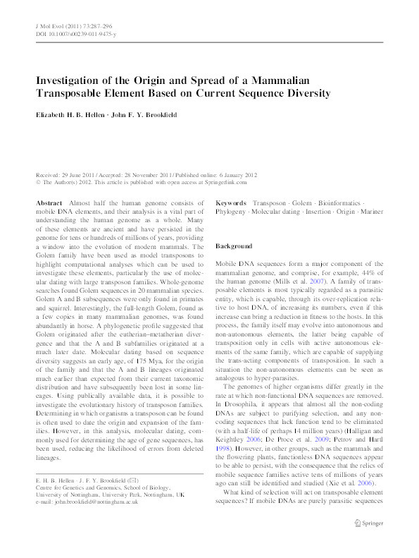 Investigation of the origin and spread of a mammalian transposable element based on current sequence diversity Thumbnail