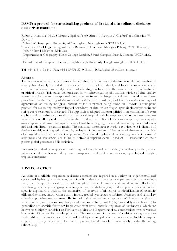 DAMP: a protocol for contextualising goodness-of-fit statistics in sediment-discharge data-driven modelling Thumbnail