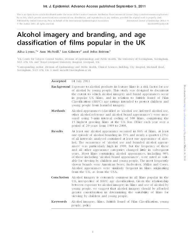 Alcohol imagery and branding, and age classification of films popular in the UK Thumbnail