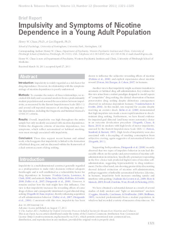 Impulsivity and symptoms of nicotine dependence in a young adult population Thumbnail