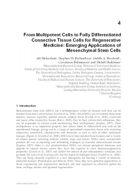 From multipotent cells to fully differentiated connective tissue cells for regenerative medicine: emerging applications of mesenchymal stem cells Thumbnail