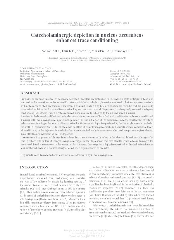 Catecholaminergic depletion in nucleus accumbens enhances trace conditioning Thumbnail