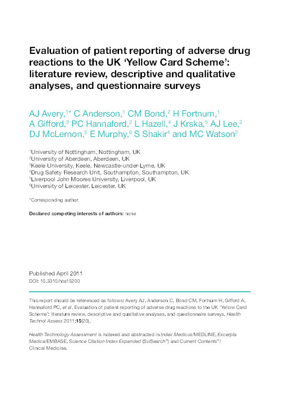 Evaluation of patient reporting of adverse drug reactions to the UK ‘Yellow Card Scheme’: literature review, descriptive and qualitative analyses, and questionnaire surveys Thumbnail