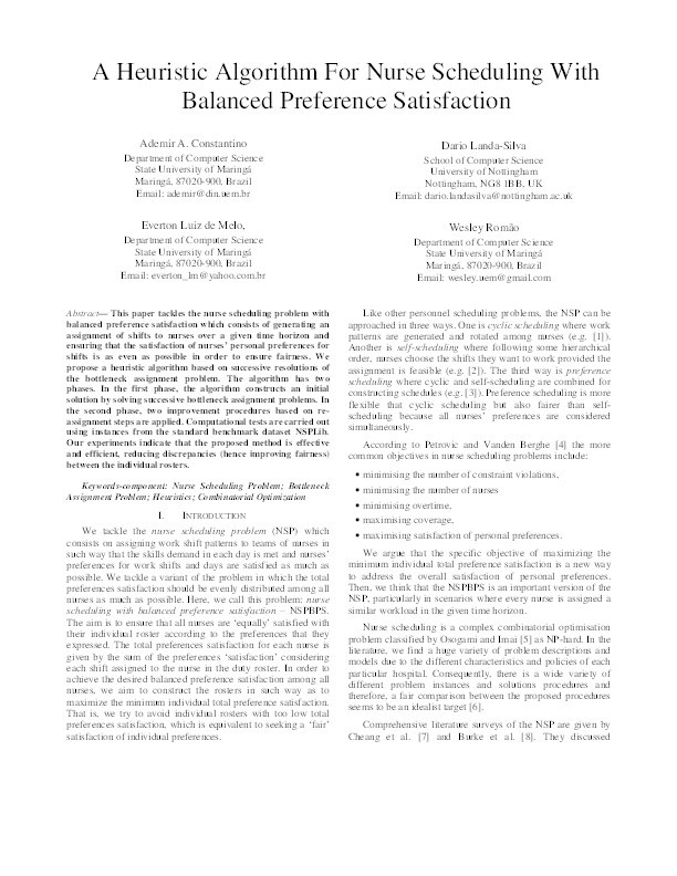 A heuristic algorithm for nurse scheduling with balanced preference satisfaction Thumbnail