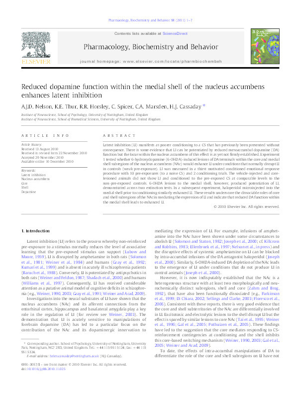 Reduced dopamine function within the medial shell of the nucleus accumbens enhances latent inhibition Thumbnail