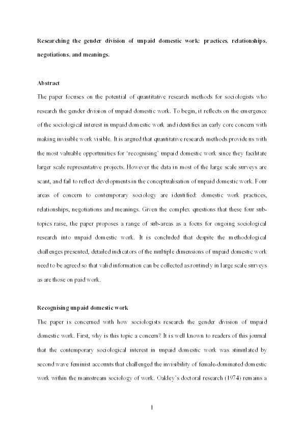 Researching the gender division of unpaid domestic work: practices, relationships, negotiations, and meanings Thumbnail