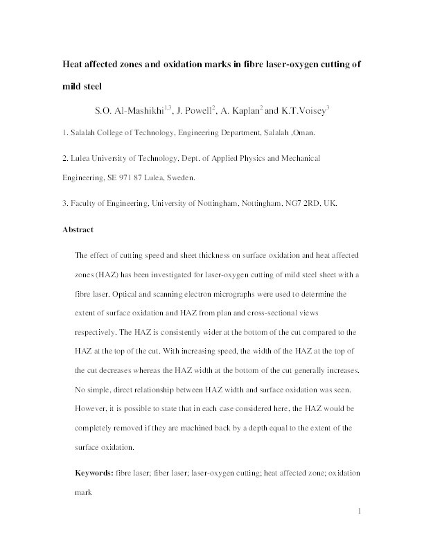 Heat affected zones and oxidation marks in fiber laser-oxygen cutting of mild steel Thumbnail