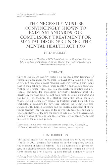 'The necessity must be convincingly shown to exist': standards for compulsory treatment for mental disorder under the Mental Health Act 1983 Thumbnail