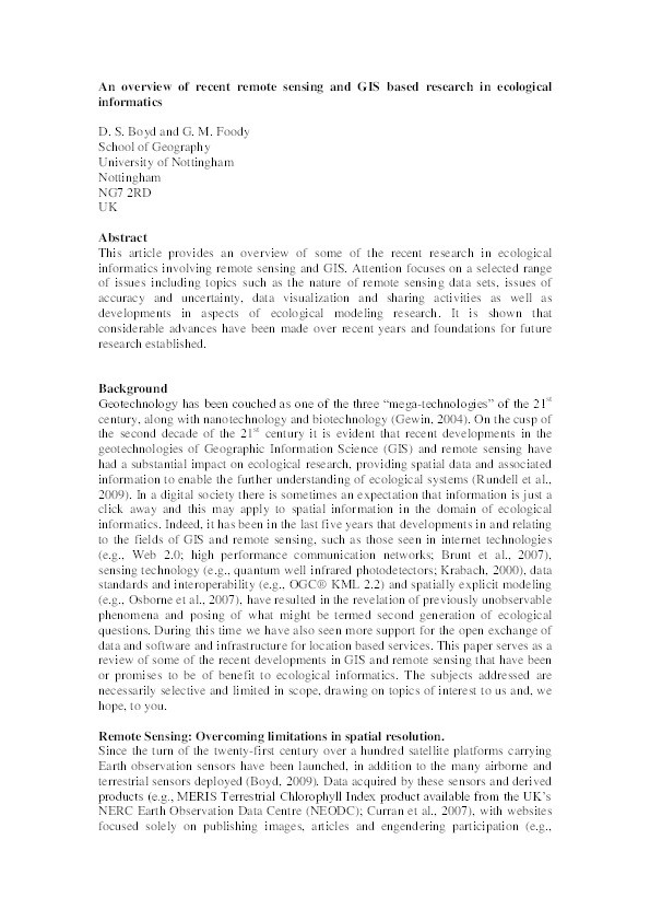 An overview of recent remote sensing and GIS based research in ecological informatics Thumbnail