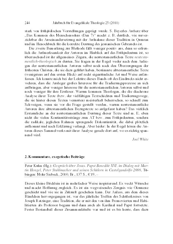 Review of/Rezension: Peter Kuhn (Hg.), Gespräch über Jesus: Papst Benedikt XVI. im Dialog mit Martin Hengel, Peter Stuhlmacher und seinen Schülern in Castelgandolfo 2008, Tübingen: Mohr Siebeck, 2010 Thumbnail