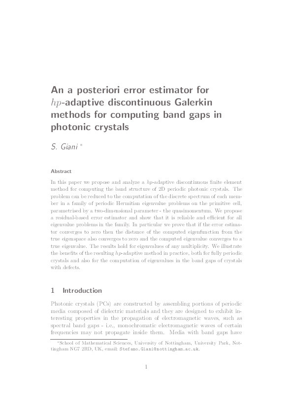 An a posteriori error estimator for hp-adaptive discontinuous Galerkin methods for computing band gaps in photonic crystals Thumbnail