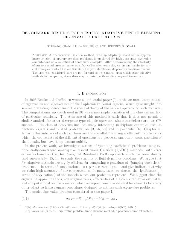 Benchmark results for testing adaptive finite element eigenvalue procedures Thumbnail