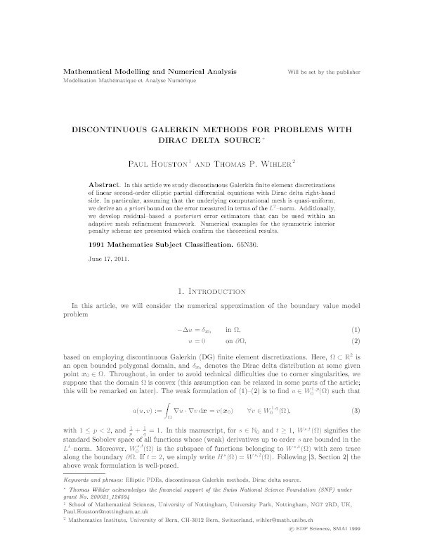 Discontinuous Galerkin methods for problems with Dirac delta source Thumbnail