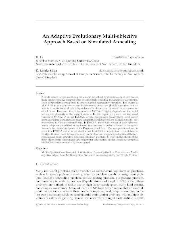 An adaptive evolutionary multi-objective approach based on simulated annealing Thumbnail