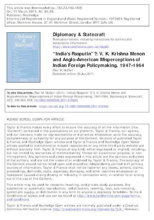 "India's Rasputin"?: V.K. Krishna Menon and Anglo–American misperceptions of Indian foreign policymaking, 1947–1964 Thumbnail