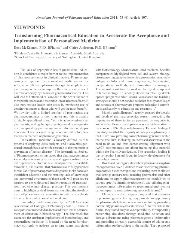 Transforming pharmaceutical education to accelerate the acceptance and implementation of personalized medicine Thumbnail