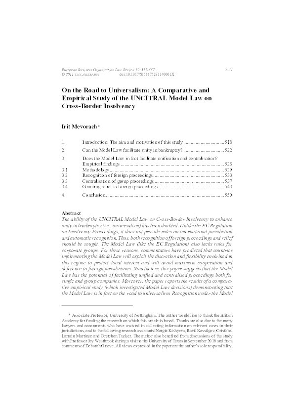 On the road to universalism: a comparative and empirical study of the UNCITRAL Model Law on Cross-Border Insolvency Thumbnail