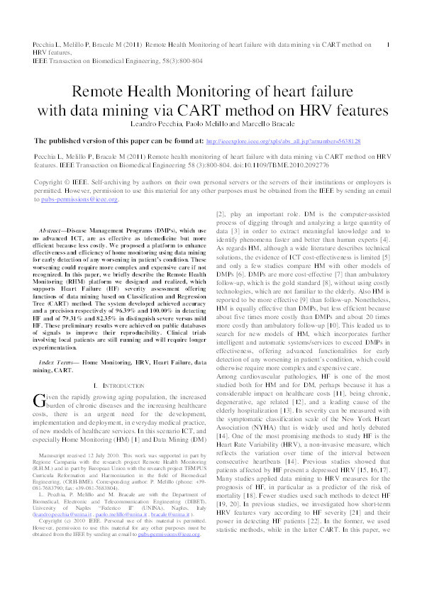 Remote Health Monitoring of heart failure with data mining via CART method on HRV features Thumbnail