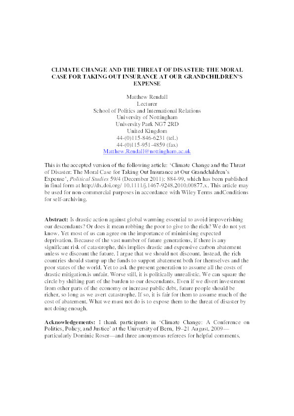 Climate change and the threat of disaster: the moral case for taking out insurance at our grandchildren's expense Thumbnail