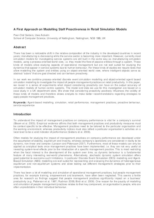 A first approach on modelling staff proactiveness in retail simulation models Thumbnail