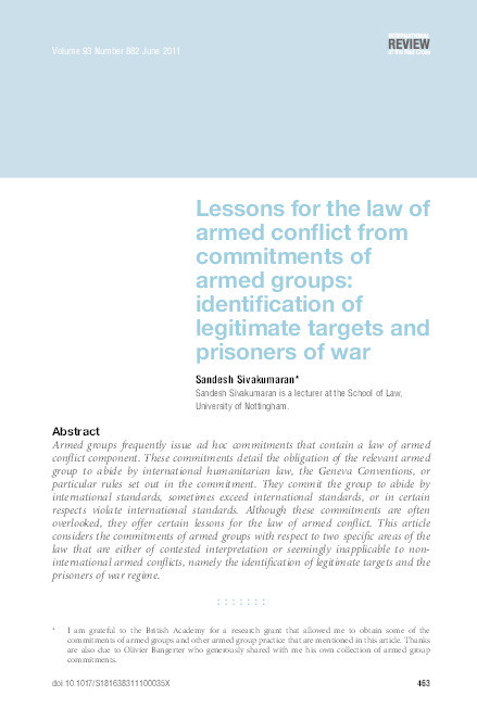 Lessons for the law of armed conflict from commitments of armed groups: identification of legitimate targets and prisoners of war Thumbnail