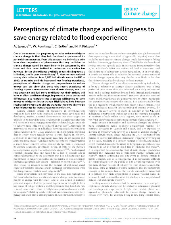 Perceptions of climate change and willingness to save energy related to flood experience Thumbnail