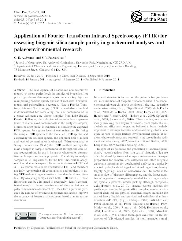 Application of Fourier Transform Infrared Spectroscopy (FTIR) for assessing biogenic silica sample purity in geochemical analyses and palaeoenvironmental research Thumbnail