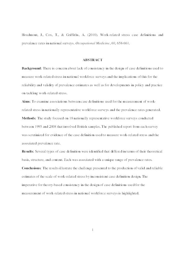 Work-related stress case definitions and prevalence rates in national surveys Thumbnail