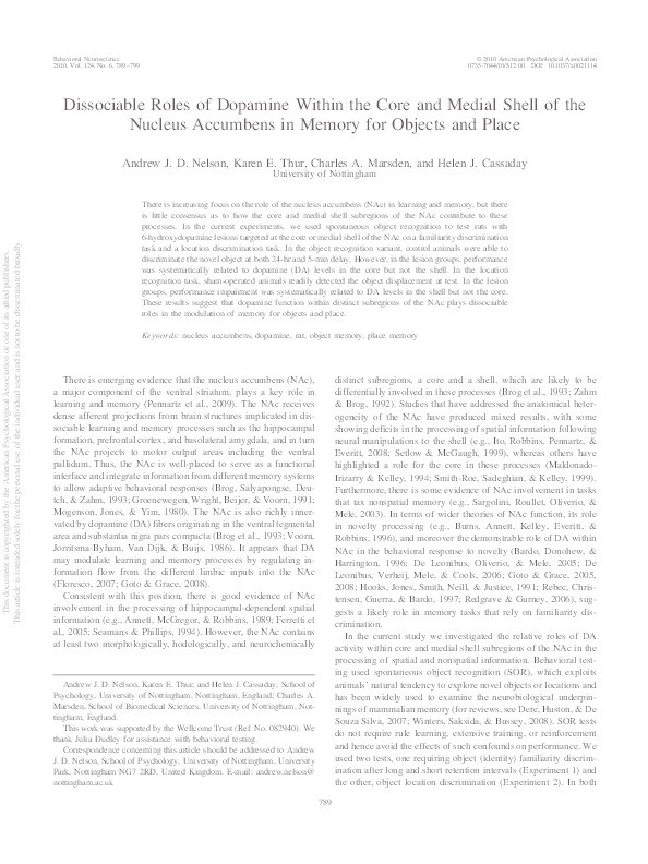 Dissociable roles of dopamine within the core and medial shell of the nucleus accumbens in memory for objects and place Thumbnail