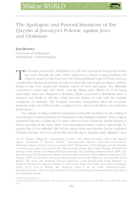 The apologetic and pastoral intentions of Ibn Qayyim al-Jawziyya's polemic against Jews and Christians Thumbnail