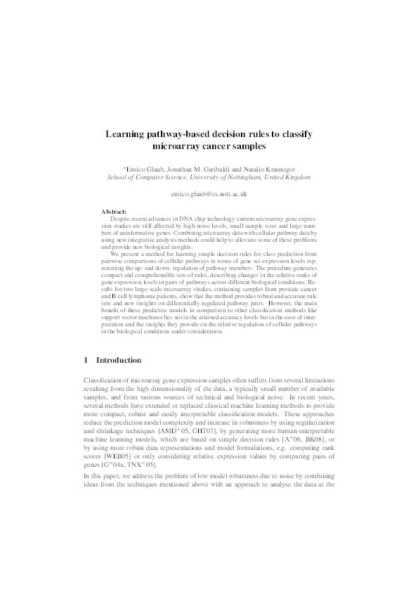 Learning pathway-based decision rules to classify microarray cancer samples Thumbnail